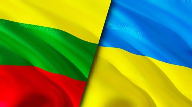Litvanya ve Ukrayna bayrakları. 3 boyutlu dalgalanan bayrak tasarımı. Litvanya Ukrayna bayrağı, resim, duvar kağıdı. Litvanya, Ukrayna 'ya karşı, 3 boyutlu canlandırma. Litvanya Ukrayna ilişkileri ittifak ve ticaret, seyahat, turnuva