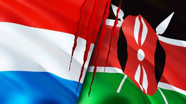 Lüksemburg ve Kenya bayraklarında yara izi var. Dalgalanan bayrak, 3 boyutlu görüntüleme. Lüksemburg ve Kenya çatışma konsepti. Lüksemburg Kenya ilişkileri kavramı. Lüksemburg bayrağı ve Kenya krizi, savaş, attac