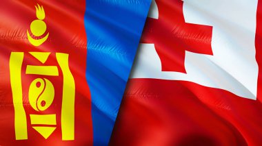 Moğolistan ve Tonga bayrakları. 3 boyutlu dalgalanan bayrak tasarımı. Moğolistan Tonga bayrağı, resim, duvar kağıdı. Moğolistan, Tonga 'ya karşı, görüntü 3 boyutlu. Moğolistan Tonga ilişkileri ittifak ve ticaret, seyahat, turizm konsepti