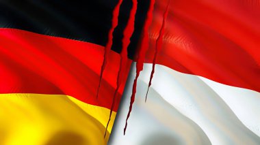 Almanya ve Endonezya yara izi olan bayraklar. Dalgalanan bayrak, 3 boyutlu görüntüleme. Almanya ve Endonezya çatışma konsepti. Almanya Endonezya ilişkileri kavramı. Almanya bayrağı ve Endonezya krizi, savaş, attac