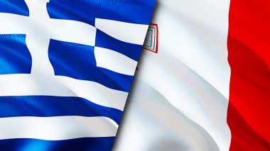 Yunanistan ve Malta bayrakları. 3 boyutlu dalgalanan bayrak tasarımı. Yunanistan Malta bayrağı, resim, duvar kağıdı. Yunanistan, Malta 'ya karşı, görüntü 3 boyutlu. Yunanistan Malta ilişkileri ittifak ve ticaret, seyahat ve turizm konsepti
