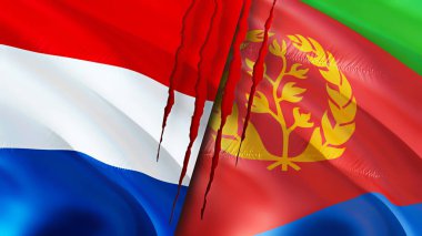 Hollanda ve Eritrea yara izi olan bayraklar. Dalgalanan bayrak, 3 boyutlu görüntüleme. Hollanda ve Eritre çatışma konsepti. Hollanda Eritre ilişkileri kavramı. Hollanda ve Eritre bayrağı