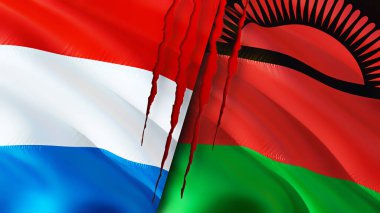 Lüksemburg ve Malawi bayrakları yara izi konseptiyle. Dalgalanan bayrak, 3 boyutlu görüntüleme. Lüksemburg ve Malavi çatışma konsepti. Lüksemburg Malavi ilişkileri kavramı. Lüksemburg bayrağı ve Malavi krizi, savaş, attac