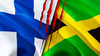 Yara izi olan Finlandiya ve Jamaika bayrakları. Dalgalanan bayrak, 3 boyutlu görüntüleme. Finlandiya ve Jamaika çatışma konsepti. Finlandiya Jamaika ilişkileri kavramı. Finlandiya bayrağı ve Jamaika krizi, savaş, saldırı konsepti