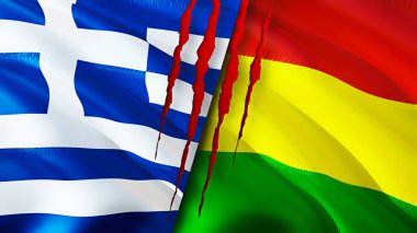 Yunanistan ve Bolivya yara izi kavramına sahip bayraklar. Dalgalanan bayrak, 3 boyutlu görüntüleme. Yunanistan ve Bolivya çatışması konsepti. Yunanistan Bolivya ilişkileri kavramı. Yunanistan bayrağı ve Bolivya krizi, savaş, saldırı konsepti