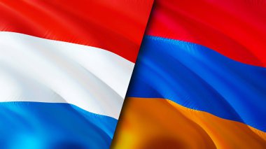 Lüksemburg ve Ermenistan bayrakları. 3 boyutlu dalgalanan bayrak tasarımı. Lüksemburg Ermenistan bayrağı, resim, duvar kağıdı. Lüksemburg, Ermenistan imajına karşı, 3D görüntüleme. Lüksemburg Ermenistan ilişkileri ittifakı