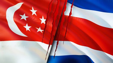 Yara izi olan Singapur ve Kosta Rika bayrakları. Dalgalanan bayrak, 3 boyutlu görüntüleme. Singapur ve Kosta Rika çatışma konsepti. Singapur Kosta Rika ilişkileri kavramı. Singapur ve Kosta Rik bayrağı