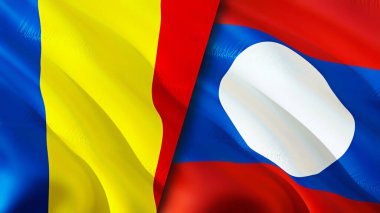 Romanya ve Laos bayrakları. 3 boyutlu dalgalanan bayrak tasarımı. Romanya Laos bayrağı, resim, duvar kağıdı. Romanya Laos 'a karşı imaj, 3D görüntüleme. Romanya Laos ilişkileri ittifak ve ticaret, seyahat ve turizm consepti