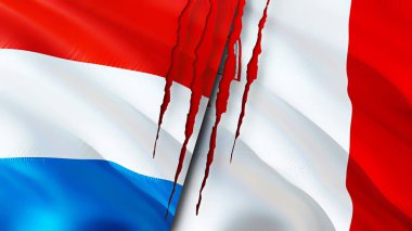 Lüksemburg ve Malta bayrakları yara izi konseptiyle. Dalgalanan bayrak, 3 boyutlu görüntüleme. Lüksemburg ve Malta çatışma konsepti. Lüksemburg Malta ilişkileri kavramı. Lüksemburg ve Malta bayrağı krizi, savaş, attac