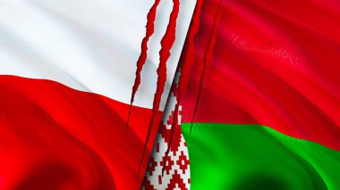 Yara izi olan Polonya ve Belarus bayrakları. Dalgalanan bayrak, 3 boyutlu görüntüleme. Polonya ve Belarus çatışma konsepti. Polonya Belarus ilişkileri kavramı. Polonya bayrağı ve Belarus krizi, savaş, saldırı konsepti