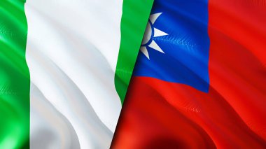 Nijerya ve Tayvan bayrakları. 3 boyutlu dalgalanan bayrak tasarımı. Nijerya Tayvan bayrağı, resim, duvar kağıdı. Nijerya, Tayvan imajına karşı, 3 boyutlu canlandırma. Nijerya Tayvan ilişkileri ittifak ve ticaret, seyahat, turizm konsepti