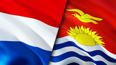 Hollanda ve Kiribati bayrakları. 3 boyutlu dalgalanan bayrak tasarımı. Hollanda Kiribati bayrağı, resim, duvar kağıdı. Hollanda, Kiribati 'ye karşı, görüntü 3D. Hollanda Kiribati ilişkileri bir ittifak