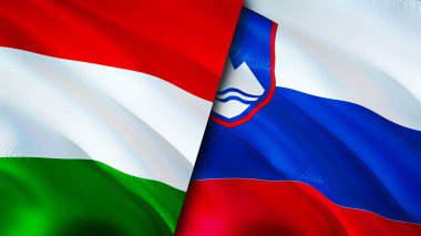 Macaristan ve Slovenya bayrakları. 3 boyutlu dalgalanan bayrak tasarımı. Macaristan Slovenya bayrağı, resim, duvar kağıdı. Macaristan Slovenya 'ya karşı, görüntü 3D. Macaristan Slovenya ilişkileri ittifak ve ticaret, seyahat, turnuva
