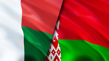 Madagaskar ve Belarus bayrakları. 3 boyutlu dalgalanan bayrak tasarımı. Madagaskar Belarus bayrağı, resim, duvar kağıdı. Madagaskar, Belarus 'a karşı, görüntü 3 boyutlu. Madagaskar Belarus ilişkileri bir ittifak
