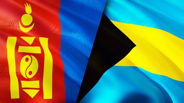 Moğolistan ve Bahamalar bayrakları. 3 boyutlu dalgalanan bayrak tasarımı. Moğolistan Bahamalar bayrağı, resim, duvar kağıdı. Moğolistan, Bahamalar 'a karşı, görüntü 3 boyutlu. Moğolistan Bahamalar ilişkileri ittifak ve ticaret, seyahat, turnuva