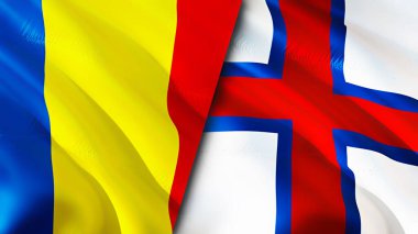 Romanya ve Faroe Adaları bayrakları. 3 boyutlu dalgalanan bayrak tasarımı. Romanya Faroe Adaları bayrağı, resmi, duvar kağıdı. Romanya, Faroe Adaları 'na karşı, görüntü 3D. Romanya Faroe Adaları ilişkileri ittifakı