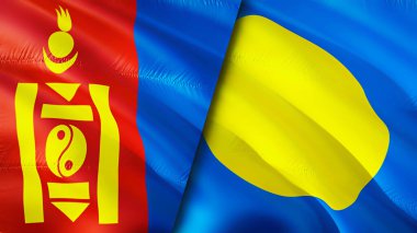 Moğolistan ve Palau bayrakları. 3 boyutlu dalgalanan bayrak tasarımı. Moğolistan Palau bayrağı, resim, duvar kağıdı. Moğolistan, Palau 'ya karşı, görüntü 3 boyutlu. Moğolistan Palau ilişkileri ittifak ve ticaret, seyahat, turizm konsepti