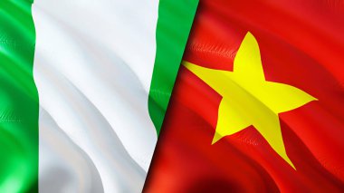 Nijerya ve Vietnam bayrakları. 3 boyutlu dalgalanan bayrak tasarımı. Nijerya Vietnam bayrağı, resim, duvar kağıdı. Nijerya, Vietnam imajına karşı, 3 boyutlu canlandırma. Nijerya Vietnam ilişkileri ittifak ve ticaret, seyahat, turizm konsepti