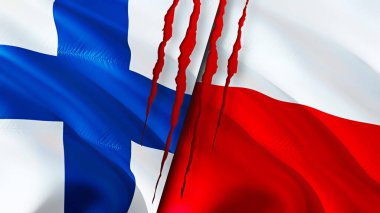 Finlandiya ve Polonya yara izi kavramına sahip bayraklar. Dalgalanan bayrak, 3 boyutlu görüntüleme. Finlandiya ve Polonya çatışma konsepti. Finlandiya Polonya ilişkileri kavramı. Finlandiya bayrağı ve Polonya krizi, savaş, saldırı konsepti