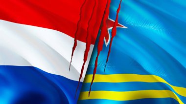 Hollanda ve yara izi olan Aruba bayrakları. Dalgalanan bayrak, 3 boyutlu görüntüleme. Hollanda ve Aruba çatışma konsepti. Hollanda Aruba ilişkileri kavramı. Hollanda bayrağı ve Aruba krizi, savaş, attac