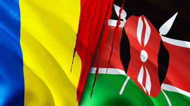 Romanya ve Kenya yara izi kavramına sahip bayraklar. Dalgalanan bayrak, 3 boyutlu görüntüleme. Romanya ve Kenya çatışma konsepti. Romanya Kenya ilişkileri kavramı. Romanya bayrağı ve Kenya krizi, savaş, saldırı konsepti