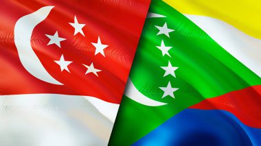 Singapur ve Komoros bayrakları. 3 boyutlu dalgalanan bayrak tasarımı. Singapur Comoros bayrağı, resim, duvar kağıdı. Singapur, Comoros 'a karşı, görüntü 3 boyutlu. Singapur Komoros ilişkileri ittifak ve ticaret, seyahat, turnuva