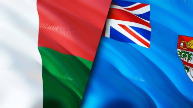 Madagaskar ve Fiji bayrakları. 3 boyutlu dalgalanan bayrak tasarımı. Madagaskar Fiji bayrağı, resim, duvar kağıdı. Madagaskar Fiji imajına karşı, 3 boyutlu canlandırma. Madagaskar Fiji ilişkileri ittifak ve ticaret, seyahat, turizm konsepti