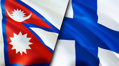 Nepal ve Finlandiya bayrakları. 3 boyutlu dalgalanan bayrak tasarımı. Nepal Finlandiya bayrağı, resim, duvar kağıdı. Nepal vs Finland imajı, 3D görüntüleme. Nepal Finlandiya ilişkileri ittifak ve ticaret, seyahat ve turizm danışmanlığı