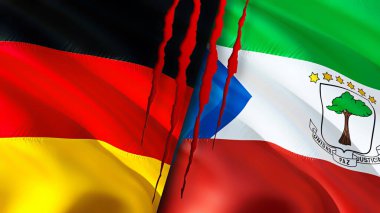 Yara izi olan Almanya ve Ekvator Ginesi bayrakları. Dalgalanan bayrak, 3 boyutlu görüntüleme. Almanya ve Ekvator Ginesi çatışma konsepti. Almanya Ekvator Ginesi İlişkileri konsepti. Alman bayrağı.