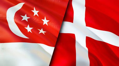 Singapur ve Danimarka bayrakları. 3 boyutlu dalgalanan bayrak tasarımı. Singapur Danimarka bayrağı, resim, duvar kağıdı. Singapur, Danimarka 'ya karşı, görüntü 3D. Singapur Danimarka ilişkileri ittifak ve ticaret, seyahat, turnuva