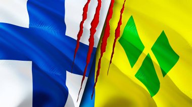 Finlandiya, Saint Vincent ve yara izi olan Grenadine bayrakları. Dalgalanan bayrak, 3 boyutlu görüntüleme. Finlandiya ve Saint Vincent ve Grenadines çatışma konsepti. Finlandiya Saint Vincent ve...