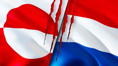 Grönland ve Hollanda yara izi olan bayraklar. Dalgalanan bayrak, 3 boyutlu görüntüleme. Grönland ve Hollanda çatışma konsepti. Grönland Hollanda ilişkileri kavramı. Grönland ve Hollanda bayrağı