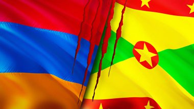 Yara izi olan Ermenistan ve Grenada bayrakları. Dalgalanan bayrak, 3 boyutlu görüntüleme. Ermenistan ve Grenada çatışma konsepti. Ermenistan Grenada ilişkileri kavramı. Ermenistan bayrağı ve Grenada krizi, savaş, saldırı