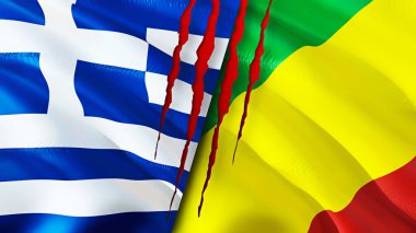 Yunanistan ve Kongo yara izi olan bayraklar. Dalgalanan bayrak, 3 boyutlu görüntüleme. Yunanistan ve Kongo çatışma konsepti. Yunanistan Kongo ilişkileri kavramı. Yunanistan ve Kongo bayrağı krizi, savaş, saldırı konsepti