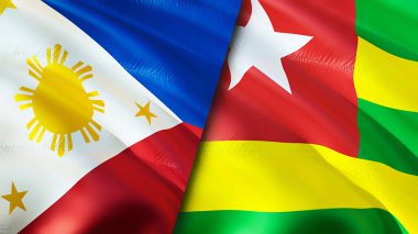 Filipinler ve Togo bayrakları. 3 boyutlu dalgalanan bayrak tasarımı. Filipinler Togo bayrağı, resim, duvar kağıdı. Filipinler Togo imajına karşı, 3 boyutlu canlandırma. Filipinler Togo ilişkileri ittifak ve ticaret, seyahat, turnuva