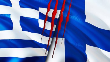 Yunanistan ve Finlandiya yara izi kavramına sahip bayraklar. Dalgalanan bayrak, 3 boyutlu görüntüleme. Yunanistan ve Finlandiya çatışma konsepti. Yunanistan-Finlandiya ilişkileri kavramı. Yunanistan ve Finlandiya bayrağı krizi, savaş, saldırı konsepti