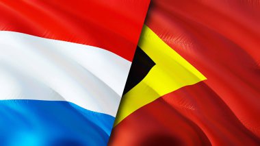 Lüksemburg ve Doğu Timor bayrakları. 3 boyutlu dalgalanan bayrak tasarımı. Lüksemburg Doğu Timor bayrağı, resim, duvar kağıdı. Lüksemburg, Doğu Timor 'a karşı, görüntü 3D. Lüksemburg Doğu Timor ilişkileri ittifakı