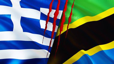 Yunanistan ve Tanzanya yara izi kavramına sahip bayraklar. Dalgalanan bayrak, 3 boyutlu görüntüleme. Yunanistan ve Tanzanya çatışma konsepti. Yunanistan Tanzanya ilişkileri kavramı. Yunanistan bayrağı ve Tanzanya krizi, savaş, saldırı konsepti