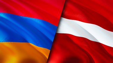 Ermenistan ve Letonya bayrakları. 3 boyutlu dalgalanan bayrak tasarımı. Ermenistan Letonya bayrağı, resim, duvar kağıdı. Ermenistan, Letonya imajına karşı, 3 boyutlu görüntüleme. Ermenistan Letonya ilişkileri ittifak ve ticaret, seyahat, turizm konsepti