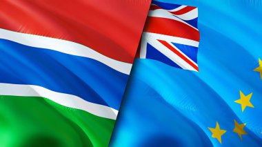 Gambiya ve Tuvalu bayrakları. 3 boyutlu dalgalanan bayrak tasarımı. Gambia Tuvalu bayrağı, resim, duvar kağıdı. Gambiya Tuvalu 'ya karşı, görüntü 3 boyutlu. Gambiya Tuvalu ilişkileri ittifak ve ticaret, seyahat, turizm konsepti