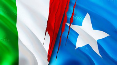 İtalya ve Somali bayraklarında yara izi var. Dalgalanan bayrak, 3 boyutlu görüntüleme. İtalya ve Somali çatışma konsepti. İtalya Somali ilişkileri kavramı. İtalya ve Somali bayrağı krizi, savaş, saldırı konsepti