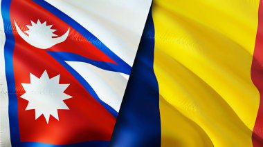 Nepal ve Chad bayrakları. 3 boyutlu dalgalanan bayrak tasarımı. Nepal Çad bayrağı, resim, duvar kağıdı. Nepal, Chad 'e karşı, görüntü 3 boyutlu. Nepal Çad ilişkileri ittifak ve ticaret, seyahat, turizm konsepti