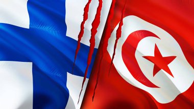 Finlandiya ve Tunus bayraklarında yara izi var. Dalgalanan bayrak, 3 boyutlu görüntüleme. Finlandiya ve Tunus çatışma konsepti. Finlandiya Tunus ilişkileri kavramı. Finlandiya bayrağı ve Tunus krizi, savaş, saldırı konsepti