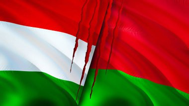 Macaristan ve Belarus yara izi kavramına sahip bayraklar. Dalgalanan bayrak, 3 boyutlu görüntüleme. Macaristan ve Belarus çatışma konsepti. Macaristan Belarus ilişkileri kavramı. Macaristan ve Belarus bayrağı kriz, savaş, saldırı konsepti