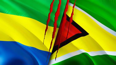Gabon ve Guyana yara izi olan bayraklar. Dalgalanan bayrak, 3 boyutlu görüntüleme. Gabon ve Guyana çatışma konsepti. Gabon Guyana ilişkileri kavramı. Gabon ve Guyana bayrağı krizi, savaş, saldırı konsepti