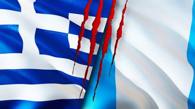 Yara izi olan Yunanistan ve Guatemala bayrakları. Dalgalanan bayrak, 3 boyutlu görüntüleme. Yunanistan ve Guatemala çatışma konsepti. Yunanistan Guatemala ilişkileri kavramı. Yunanistan bayrağı ve Guatemala krizi, savaş, attac