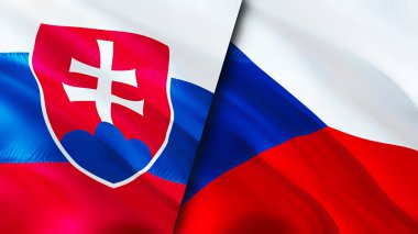 Slovakya ve Çek bayrakları. 3 boyutlu dalgalanan bayrak tasarımı. Slovakya Çek bayrağı, resim, duvar kağıdı. Slovakya, Çek imajına karşı, 3D görüntüleme. Slovakya Çek İlişkileri İttifak ve Ticaret, Seyahat, Turizm Konsepti