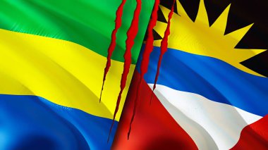 Gabon, Antigua ve yara izi olan Barbuda bayrakları. Dalgalanan bayrak, 3 boyutlu görüntüleme. Gabon ve Antigua ve Barbuda çatışma konsepti. Gabon Antigua ve Barbuda ilişkileri kavramı. Gabon bayrağı