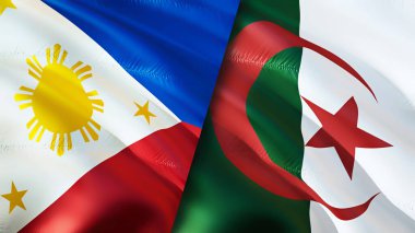 Filipinler ve Cezayir bayrakları. 3 boyutlu dalgalanan bayrak tasarımı. Filipinler Cezayir bayrağı, resim, duvar kağıdı. Filipinler Cezayir 'e karşı, görüntü 3D. Filipinler Cezayir ilişkileri