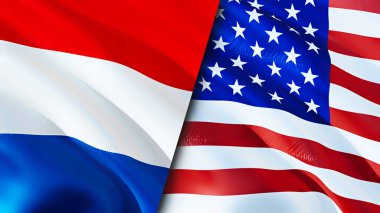 Hollanda ve ABD bayrakları. 3 boyutlu dalgalanan bayrak tasarımı. Hollanda Birleşik Devletleri bayrağı, resmi, duvar kağıdı. Hollanda, Birleşik Devletler imajına karşı, 3D görüntüleme. Hollanda Birleşik Devletler ilişkileri